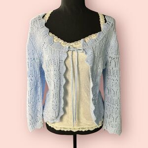 Vtg Y2K Small Sweater Cardigan Open Knit Coquette Baby Blue Tie Front Cottage